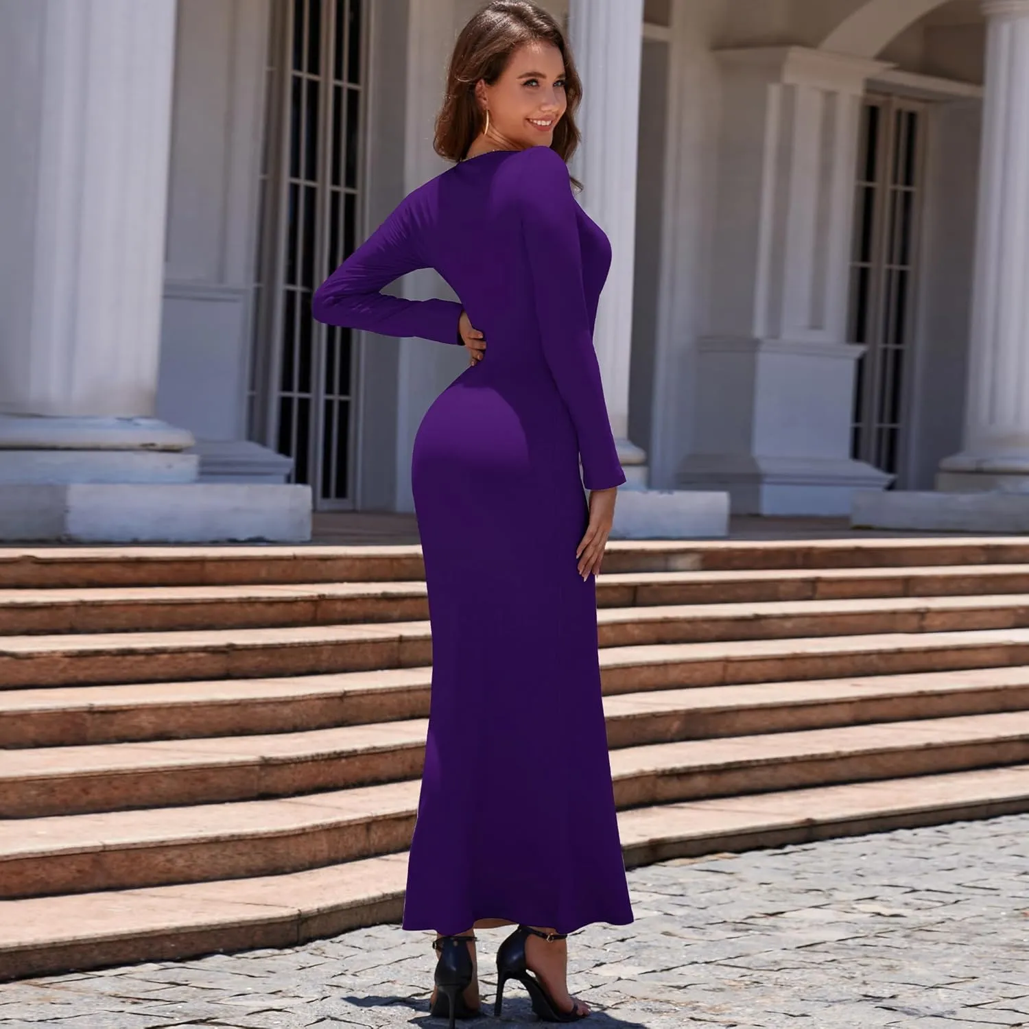 Women's Bodycon Maxi Dress Long Sleeve Ribbed Knit Twist Knot Front Dress Square Neck Elegant Formal Fall Dresses