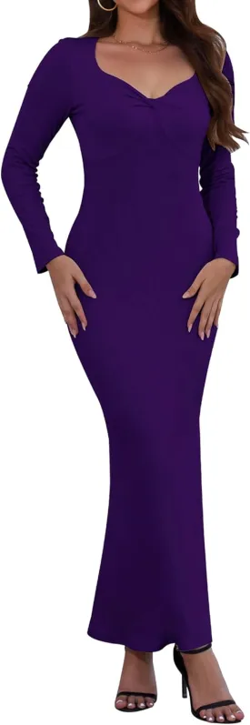 Women's Bodycon Maxi Dress Long Sleeve Ribbed Knit Twist Knot Front Dress Square Neck Elegant Formal Fall Dresses