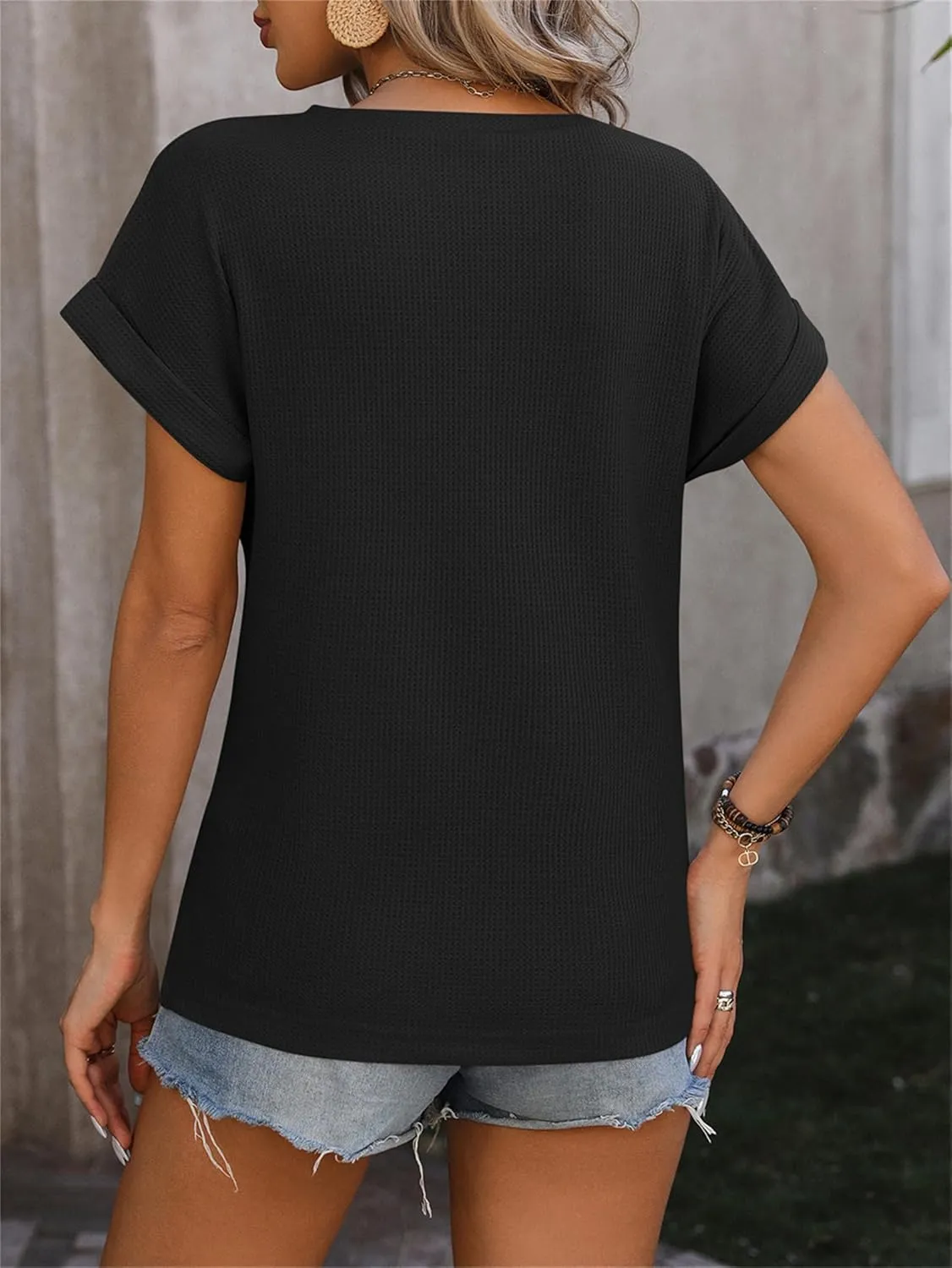 Womens Casual Top Short Sleeve Cute Twist Knot Waffle Shirts Loose T Shirt Tops