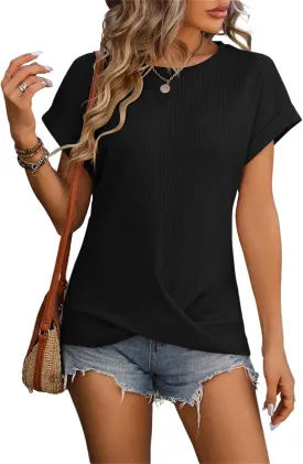 Womens Casual Top Short Sleeve Cute Twist Knot Waffle Shirts Loose T Shirt Tops