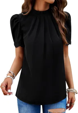 Womens Chiffon Tops Pleated Front Mock Neck Lace Trim Short Sleeve Going Out Dressy Casual Blouses