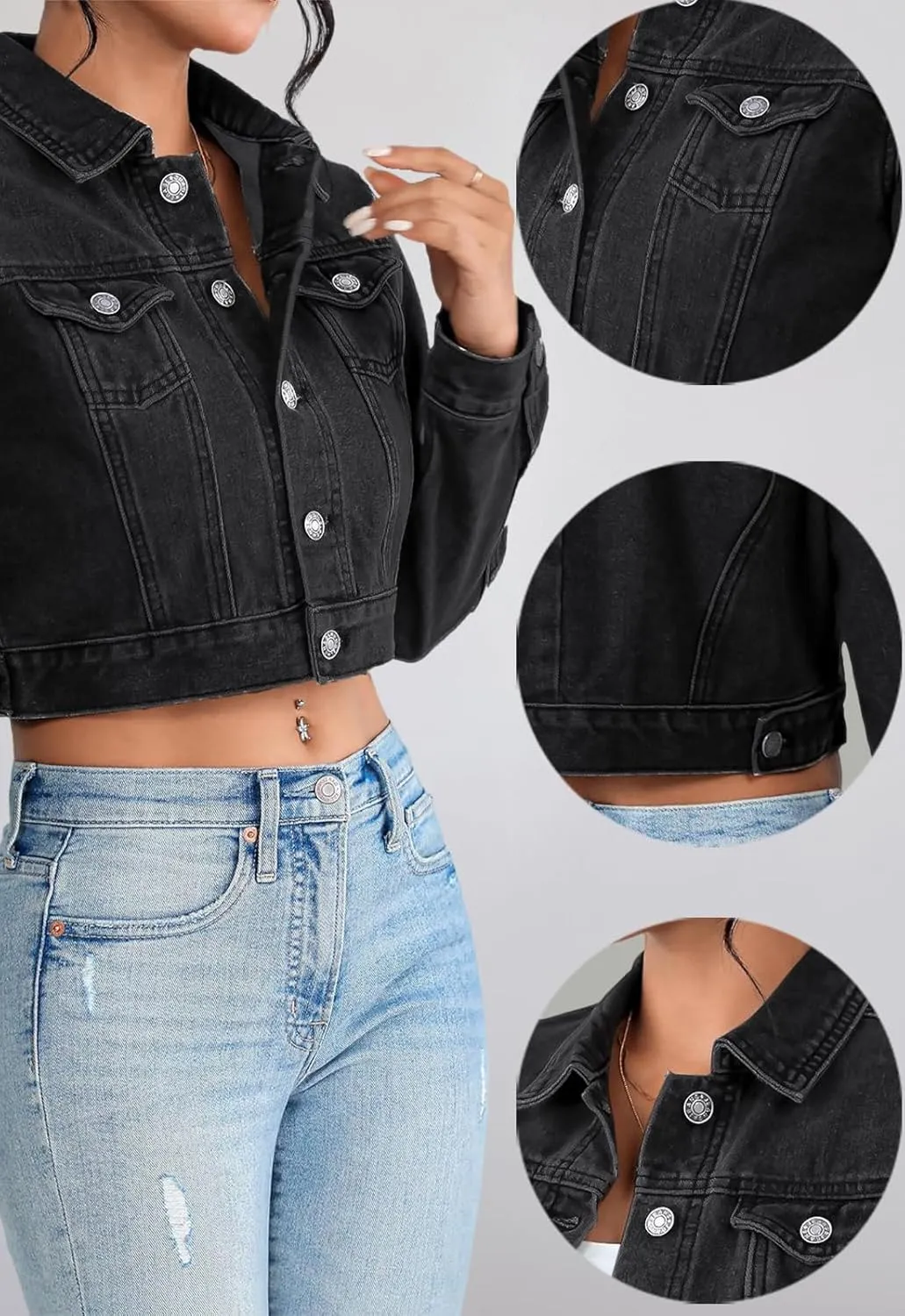 Women's Cropped Denim Washed Distressed Button Down Long Sleeve Jean Jacket Coats