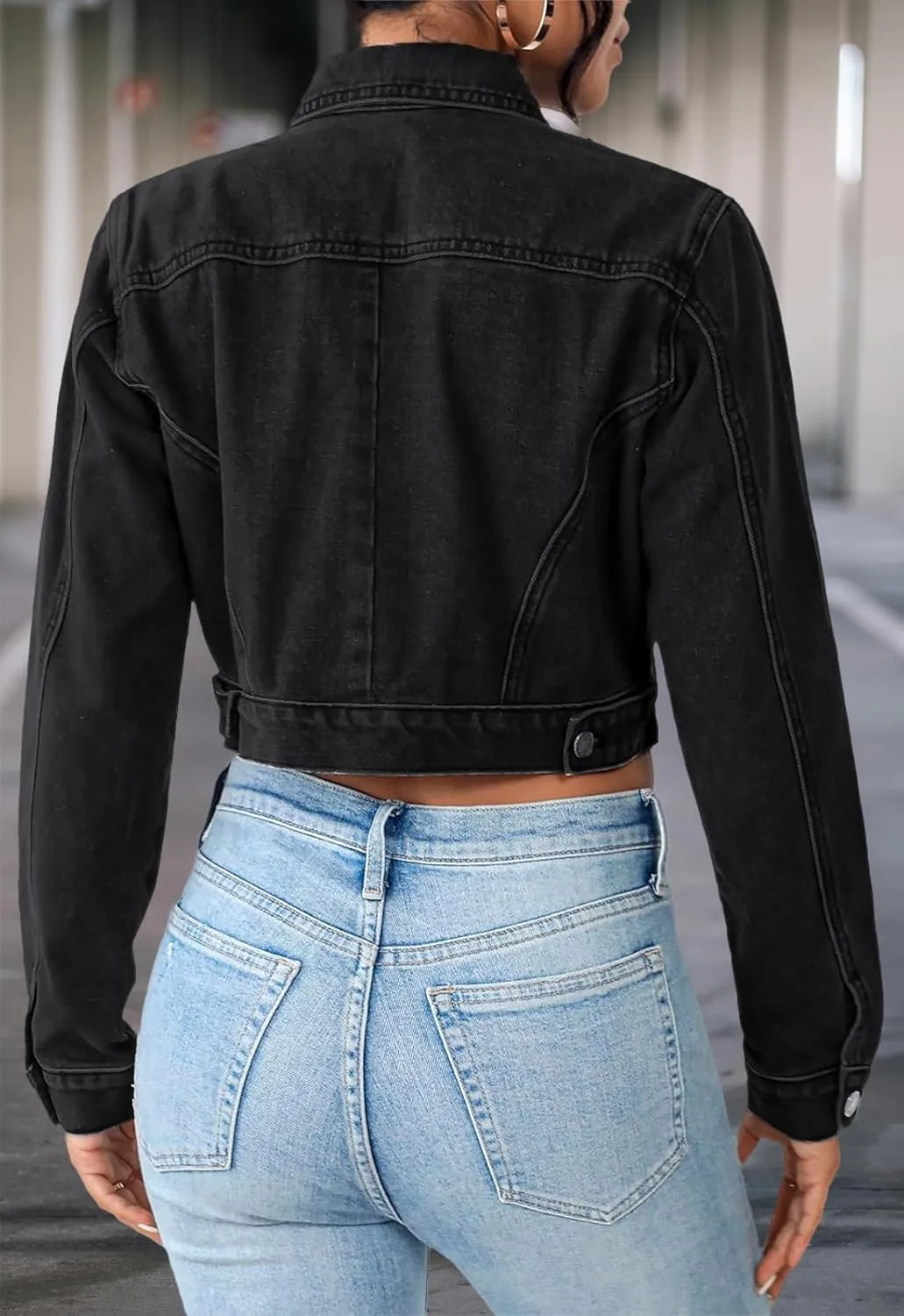 Women's Cropped Denim Washed Distressed Button Down Long Sleeve Jean Jacket Coats