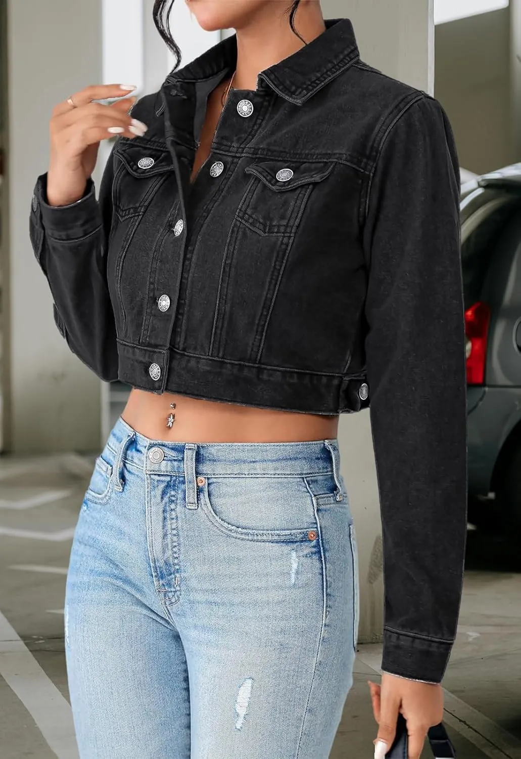 Women's Cropped Denim Washed Distressed Button Down Long Sleeve Jean Jacket Coats