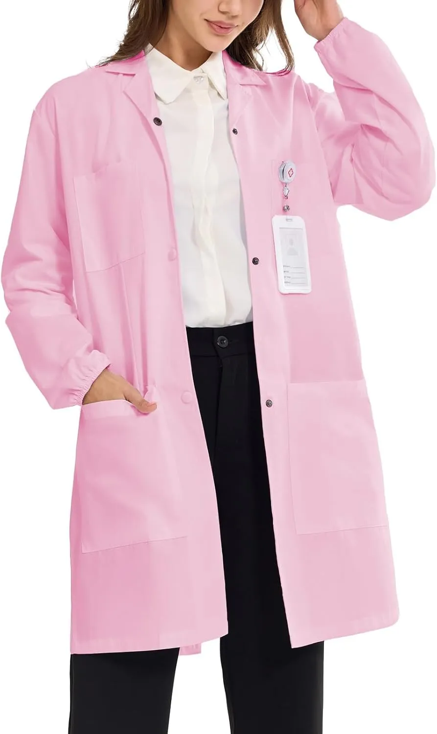 Women's Lab Coats Snap Closure 4 Pockets Elastic Cuffs Professional Medicas Long Sleeve Labcoats Scientist College