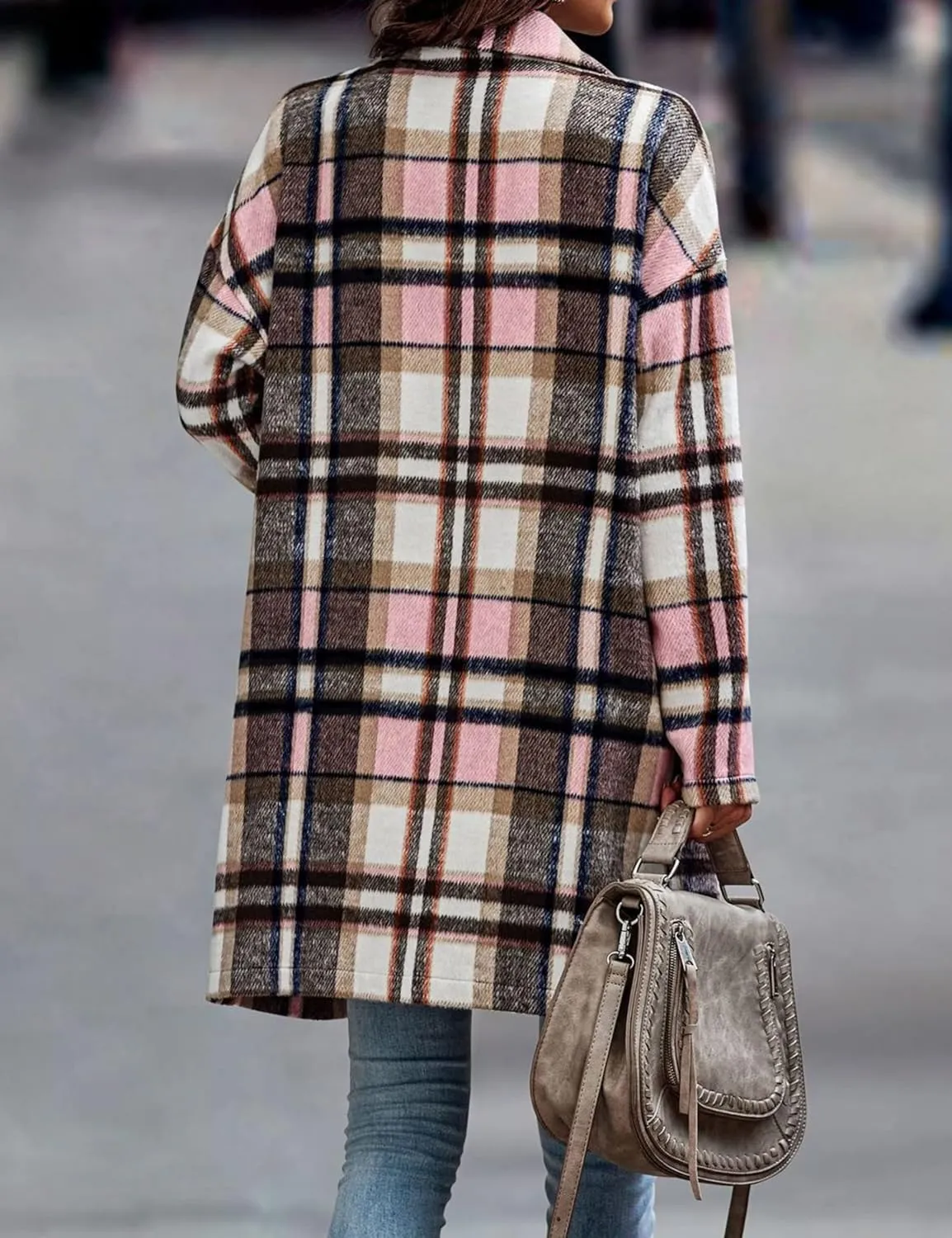 Women's Long Plaid Shirt Jacket Shacket Casual Lapel Button Down Wool Blend Tartan Trench Coat with Pockets