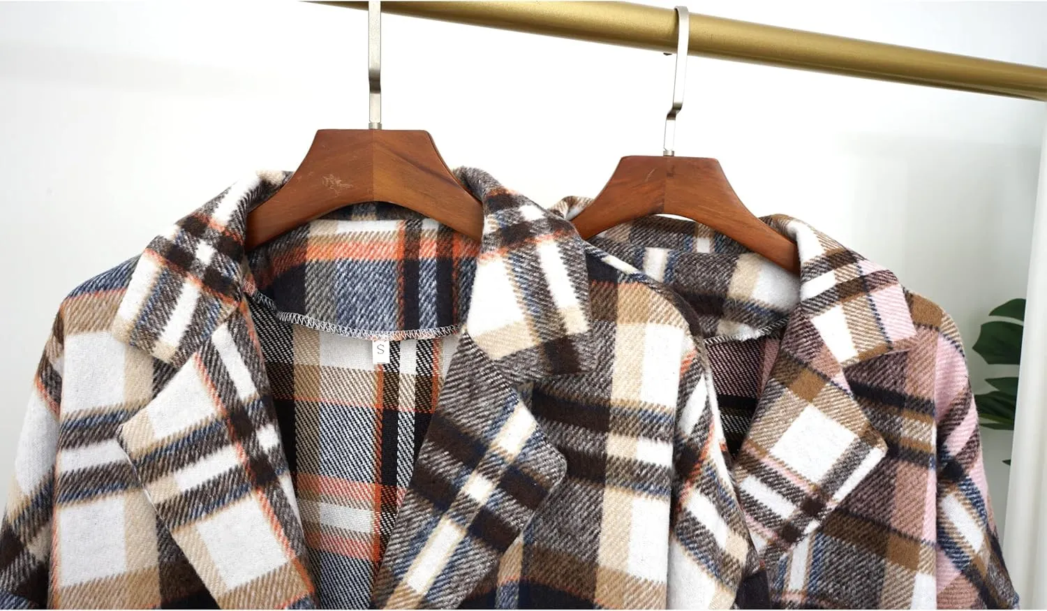 Women's Long Plaid Shirt Jacket Shacket Casual Lapel Button Down Wool Blend Tartan Trench Coat with Pockets
