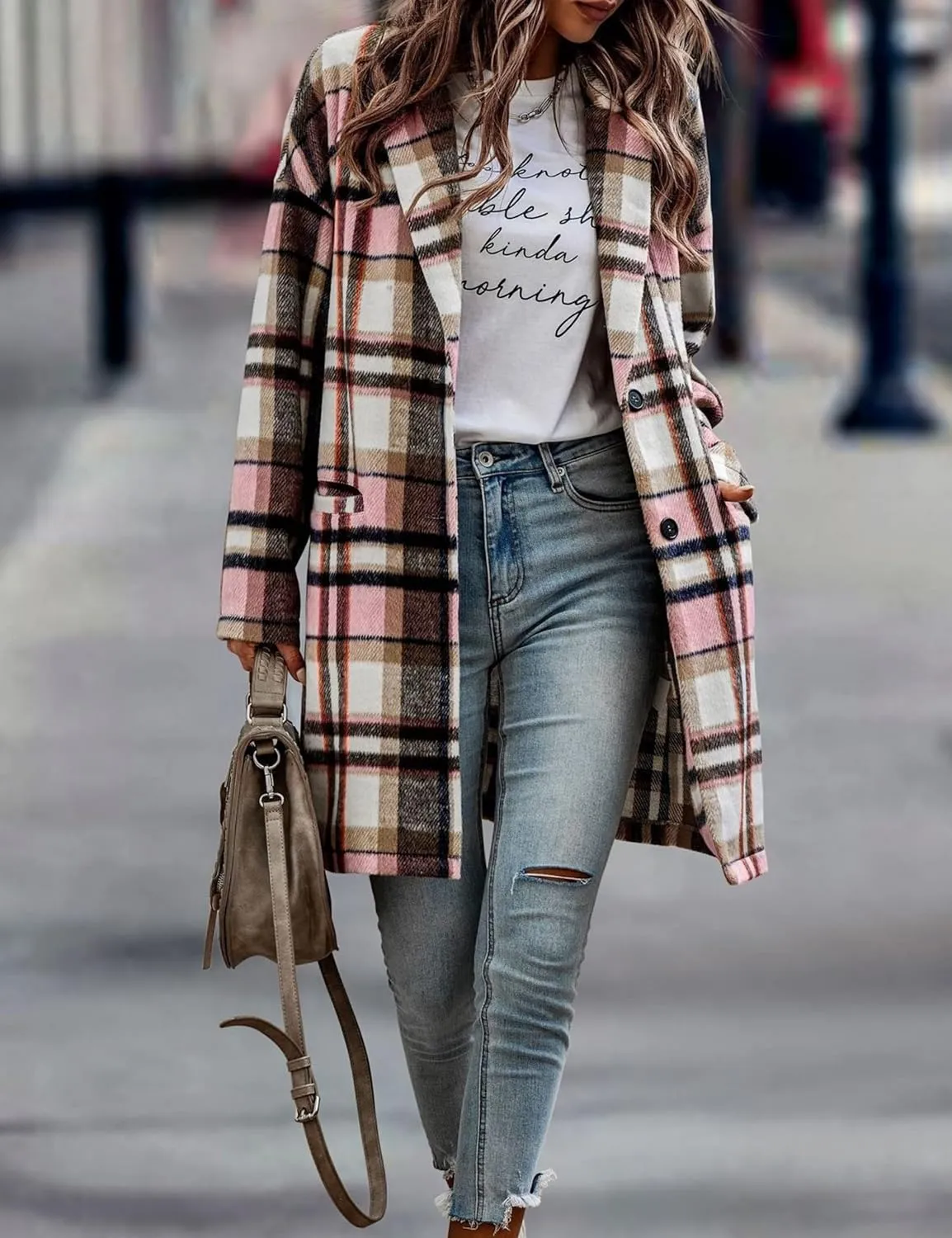 Women's Long Plaid Shirt Jacket Shacket Casual Lapel Button Down Wool Blend Tartan Trench Coat with Pockets