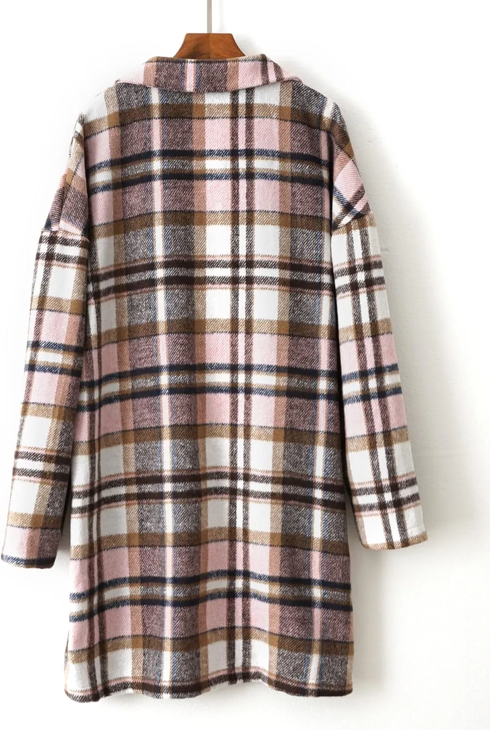 Women's Long Plaid Shirt Jacket Shacket Casual Lapel Button Down Wool Blend Tartan Trench Coat with Pockets