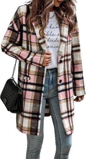 Women's Long Plaid Shirt Jacket Shacket Casual Lapel Button Down Wool Blend Tartan Trench Coat with Pockets