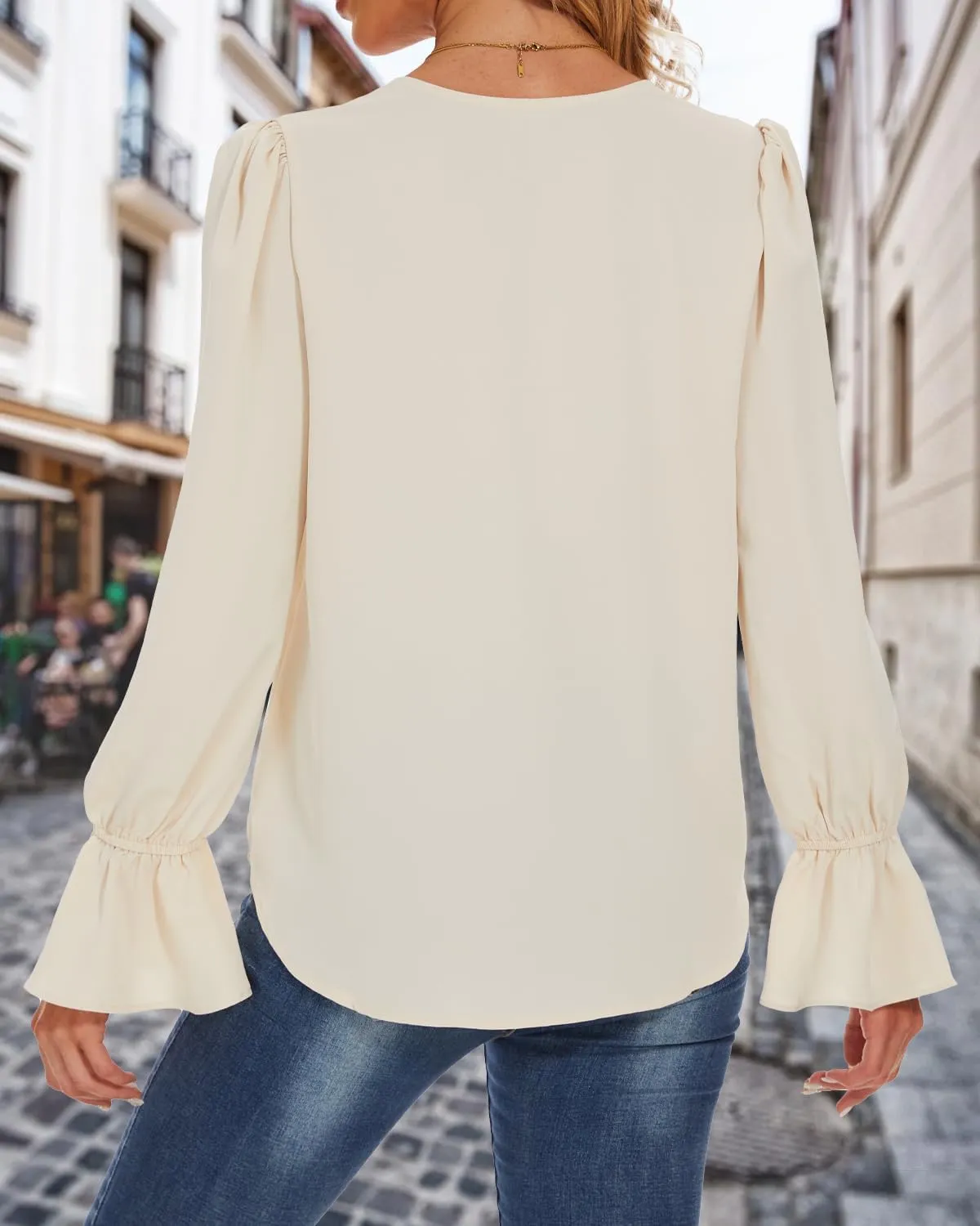 Women's Long Sleeve Shirts Ruffle Bubble Sleeve V Neck Tunic Tops Dressy Casual Loose Chiffon Blouses