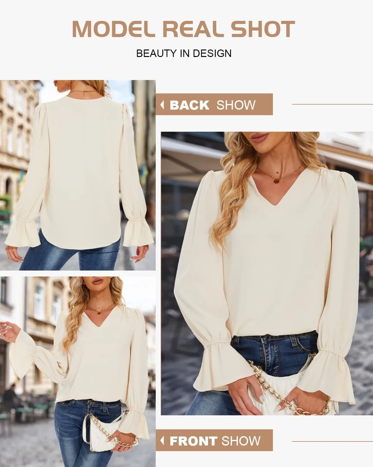 Women's Long Sleeve Shirts Ruffle Bubble Sleeve V Neck Tunic Tops Dressy Casual Loose Chiffon Blouses