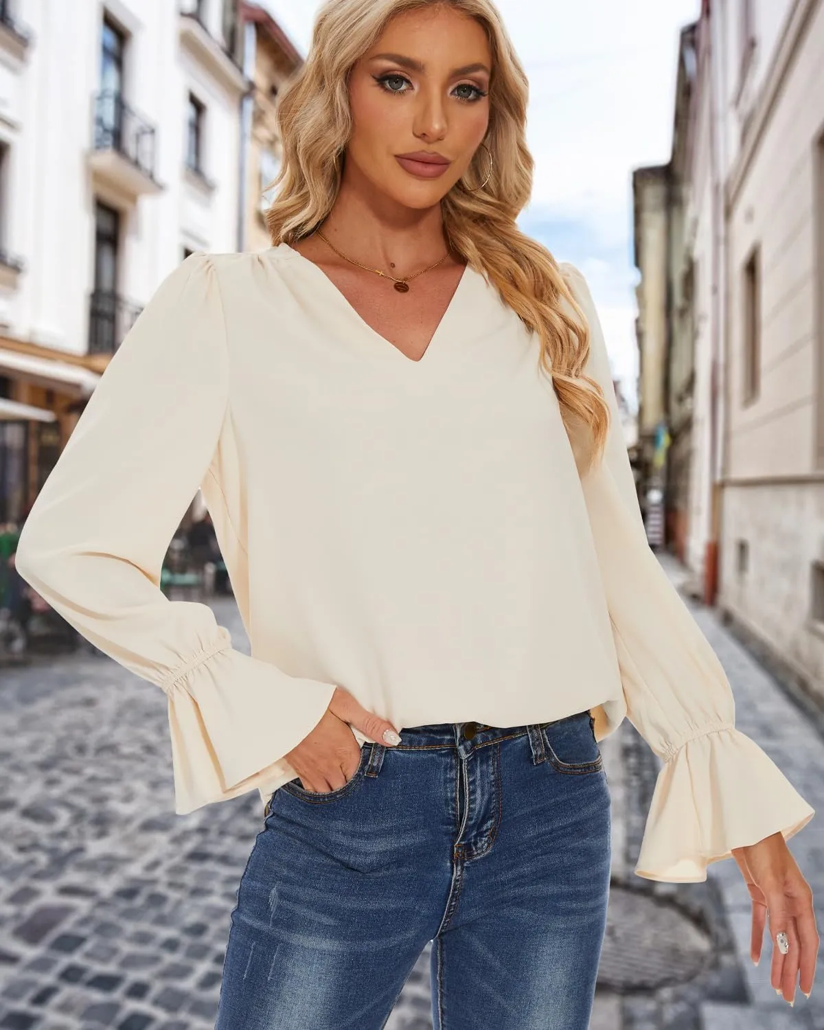 Women's Long Sleeve Shirts Ruffle Bubble Sleeve V Neck Tunic Tops Dressy Casual Loose Chiffon Blouses
