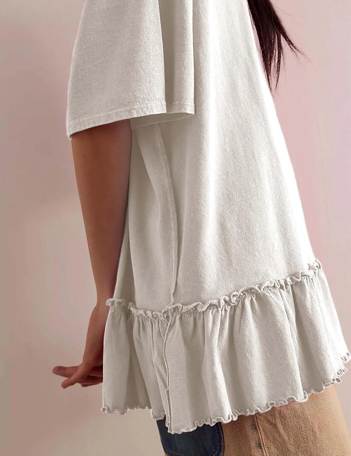 Womens Oversized T Shirts Casual Short Sleeve Blouse Ruffle Hem Round Neck Drop Shoulder Summer Tops