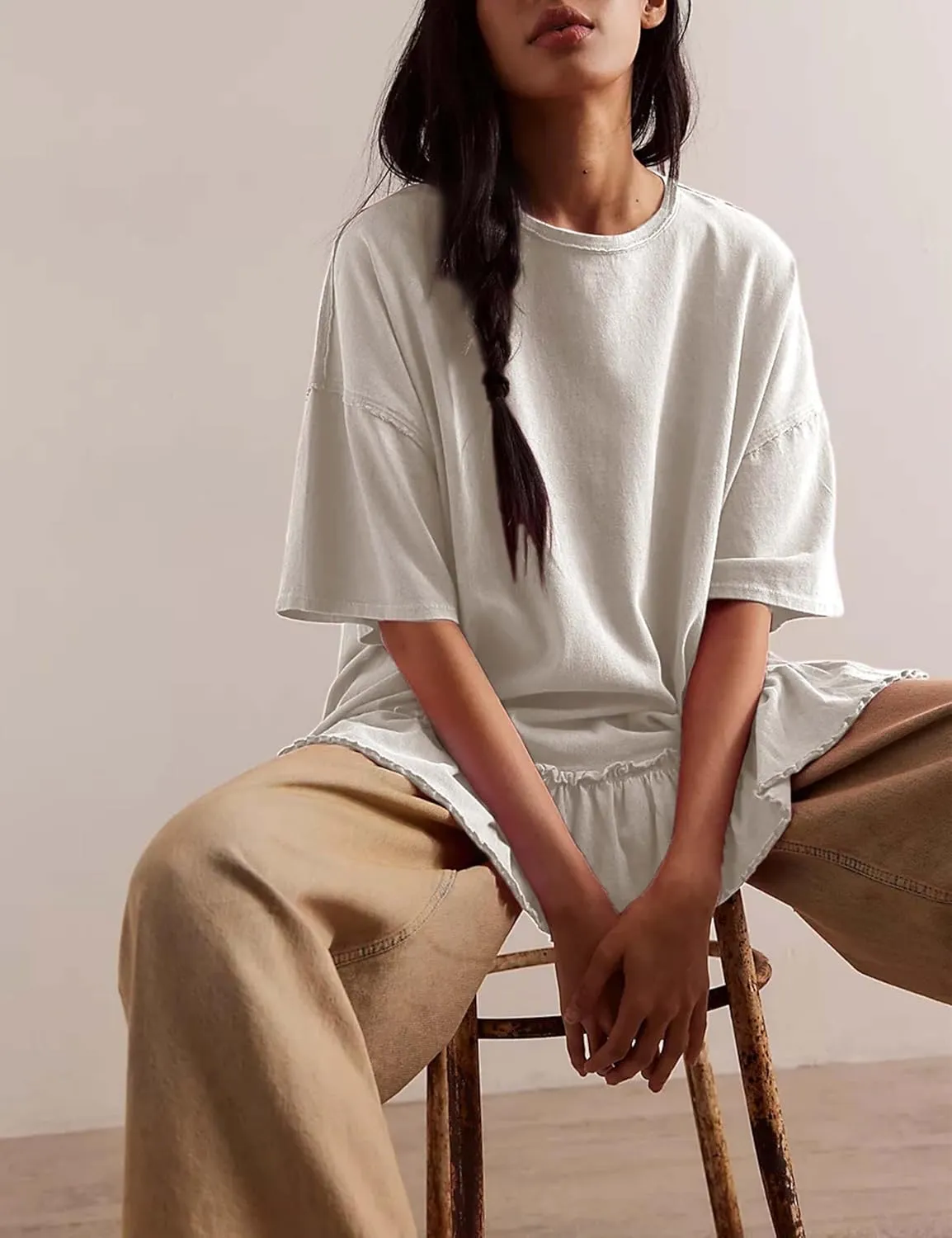 Womens Oversized T Shirts Casual Short Sleeve Blouse Ruffle Hem Round Neck Drop Shoulder Summer Tops