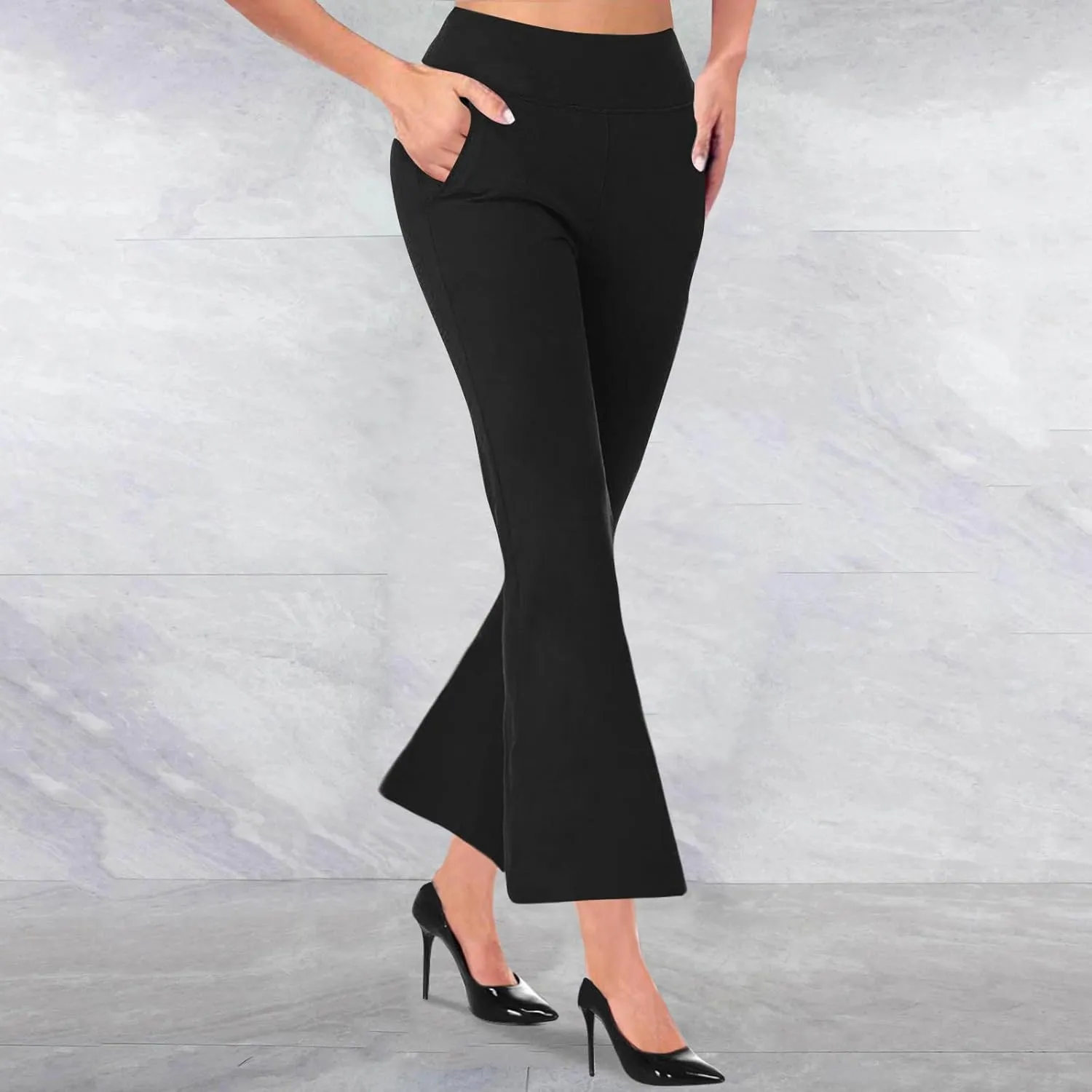 Womens Stretch Bootcut Dress Pants Solid Elastic Waist Pockets Casual Flare Trousers Workout Business Work Suit Pant