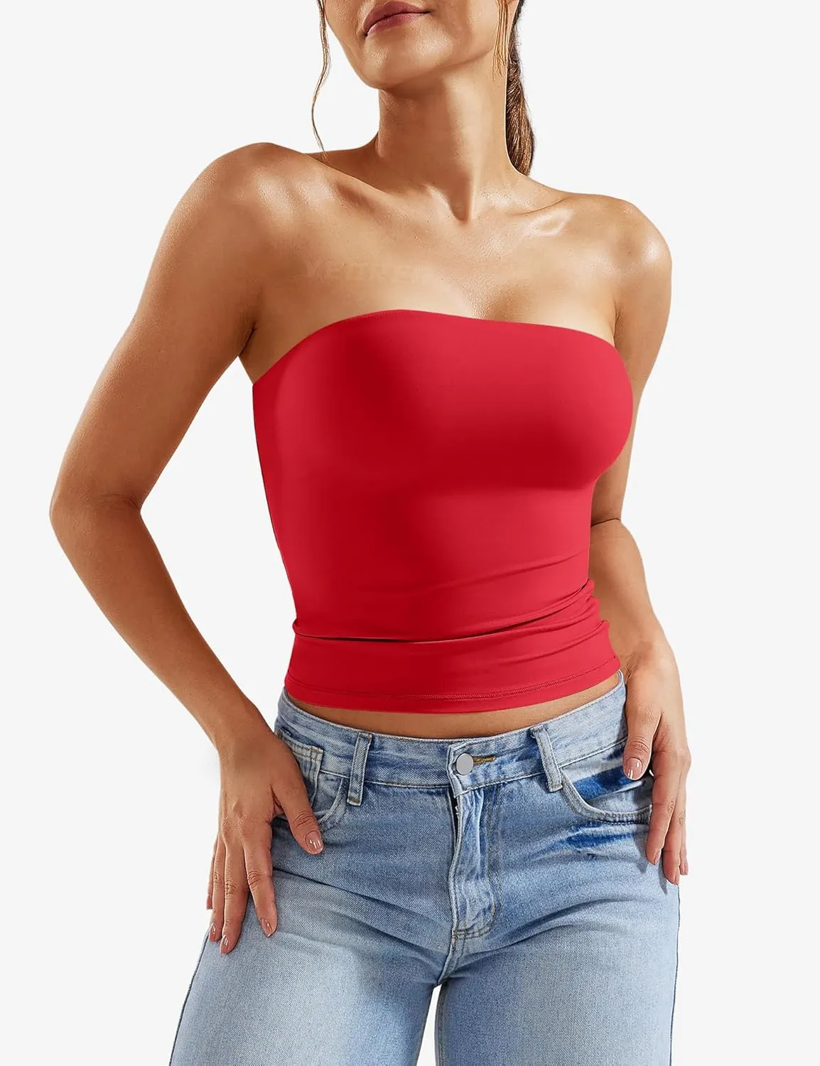 YEOREO Sophie Women Sexy Long Tube Tops Double Lined Basic Y2K Summer Cute Strapless Fitted Bandeau Going Out Crop Top Top