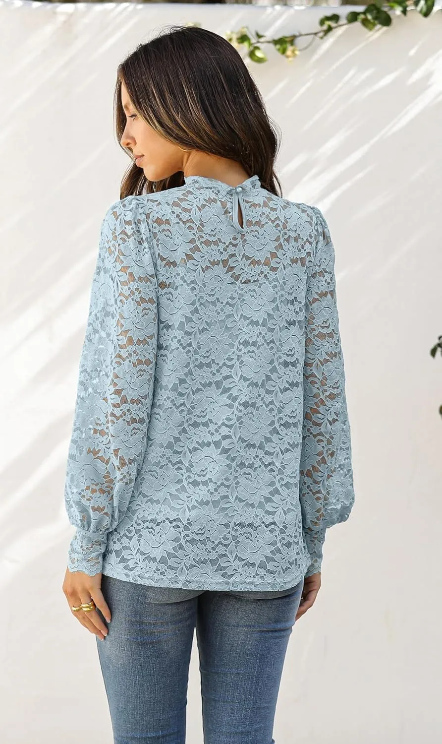 Zeagoo Women Lace Tops Long Sleeves Mock Neck Casual Dressy Tops with Separable Camisole Sexy Blouses Shirts 2 PCS Set