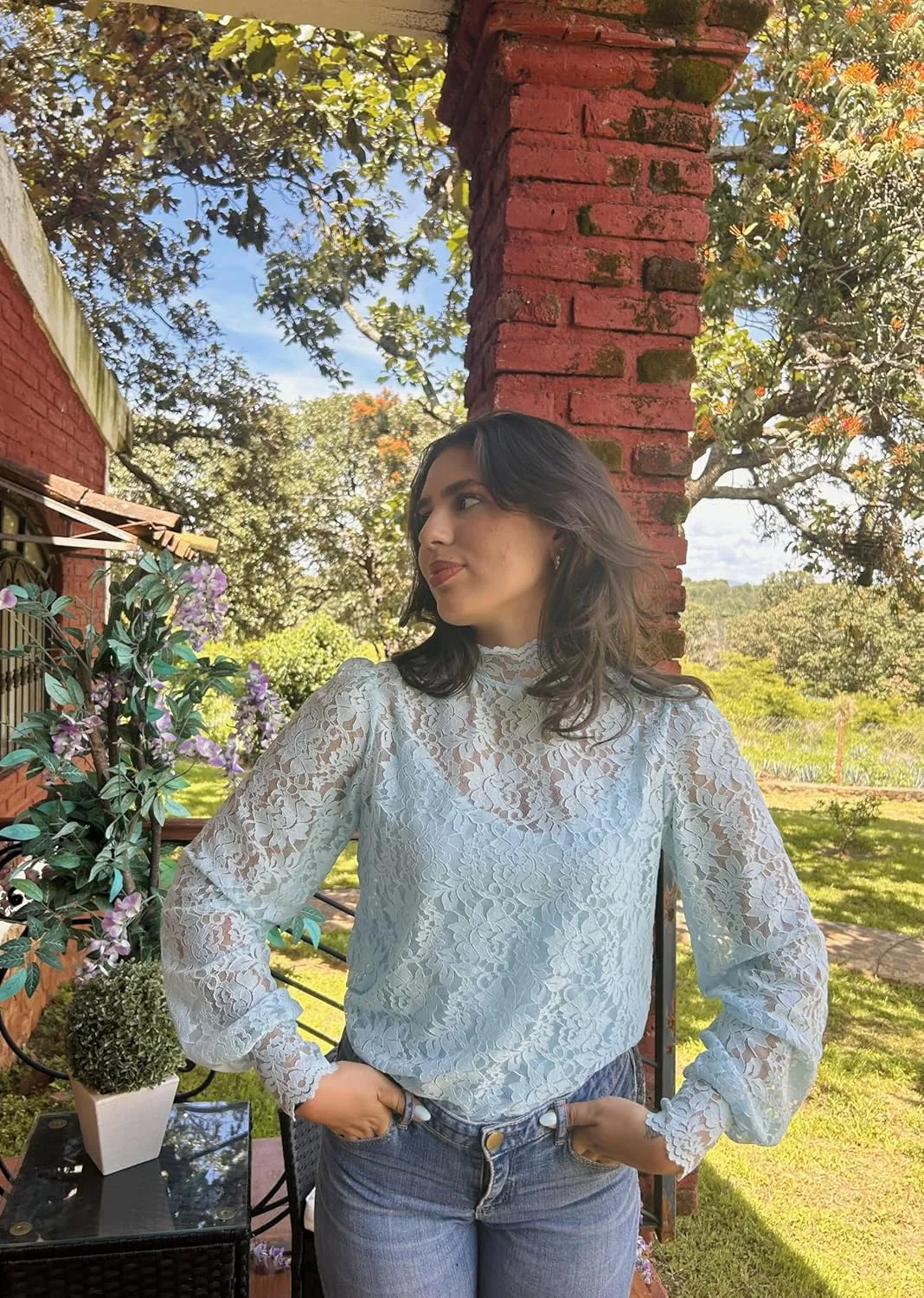 Zeagoo Women Lace Tops Long Sleeves Mock Neck Casual Dressy Tops with Separable Camisole Sexy Blouses Shirts 2 PCS Set
